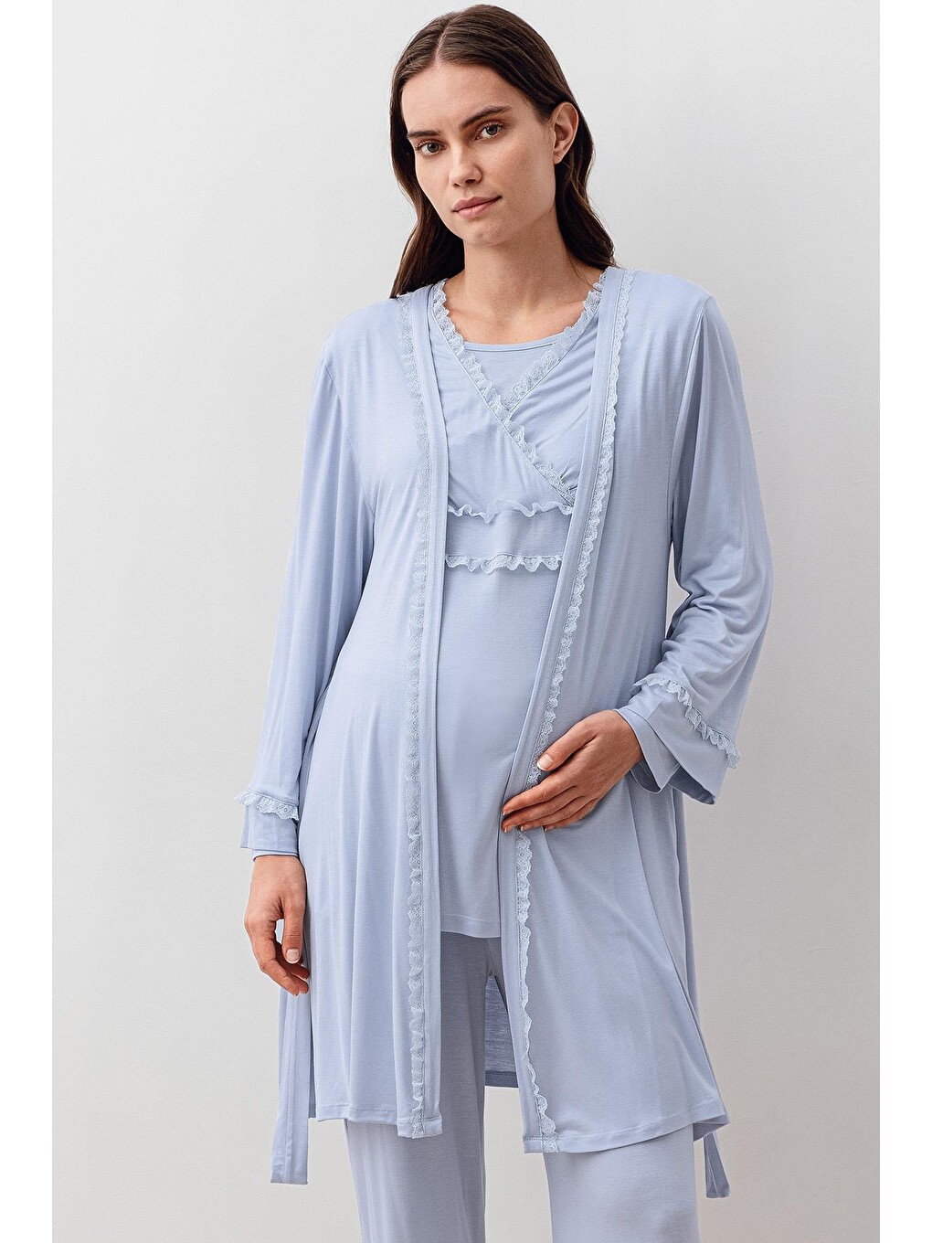 Mavi Uzun Kollu Dantelli Elastanlı Viskoz Hamile Sabahlık Pijama Takım 20300-2