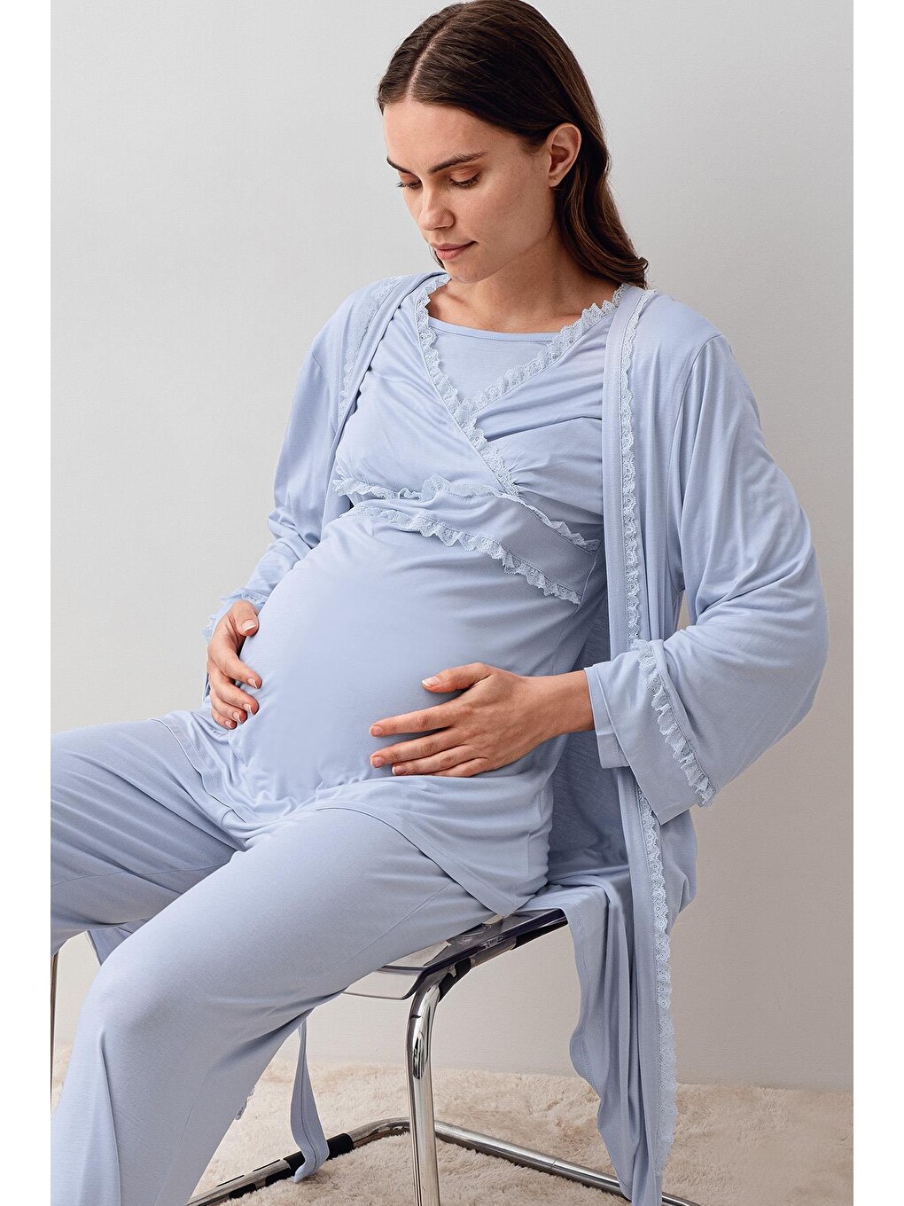 Mavi Uzun Kollu Dantelli Elastanlı Viskoz Hamile Sabahlık Pijama Takım 20300-3