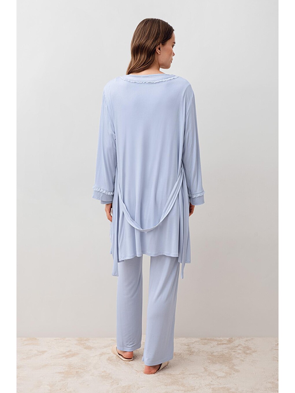 Mavi Uzun Kollu Dantelli Elastanlı Viskoz Hamile Sabahlık Pijama Takım 20300-4