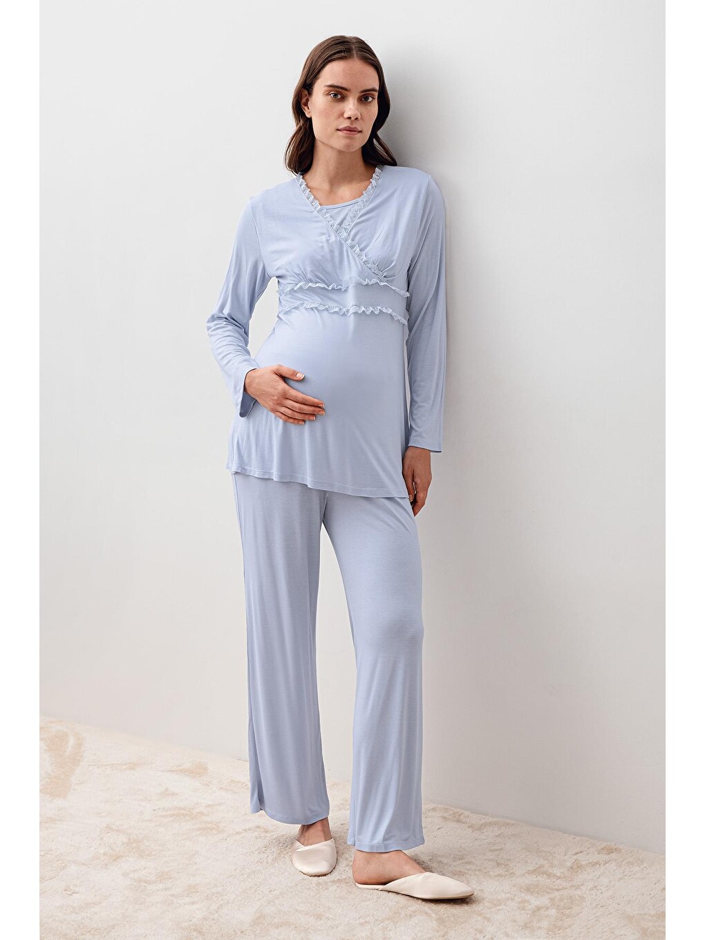 Mavi Uzun Kollu Dantelli Elastanlı Viskoz Hamile Sabahlık Pijama Takım 20300-5