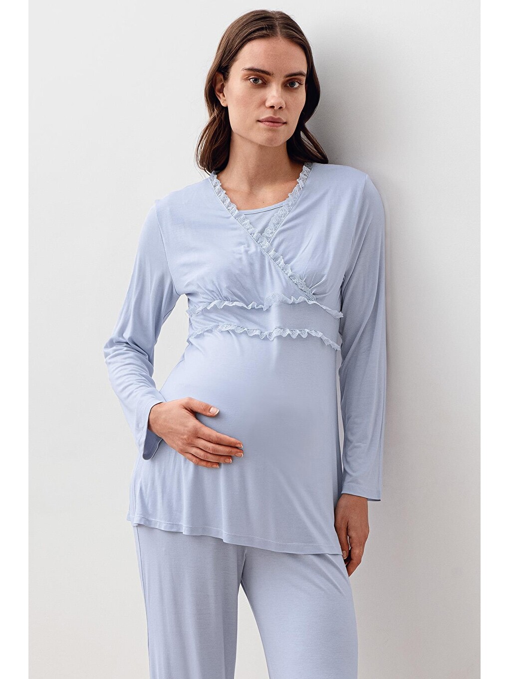Mavi Uzun Kollu Dantelli Elastanlı Viskoz Hamile Sabahlık Pijama Takım 20300-6
