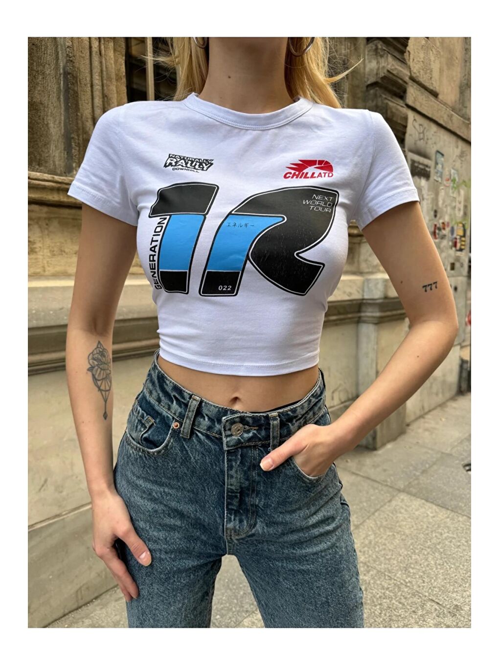 hazelin Beyaz Kadın Beyaz Organik Pamuk Racing Babe Baskılı Kısa Kollu Crop Bluz HZL24S-ZK10961 - 1