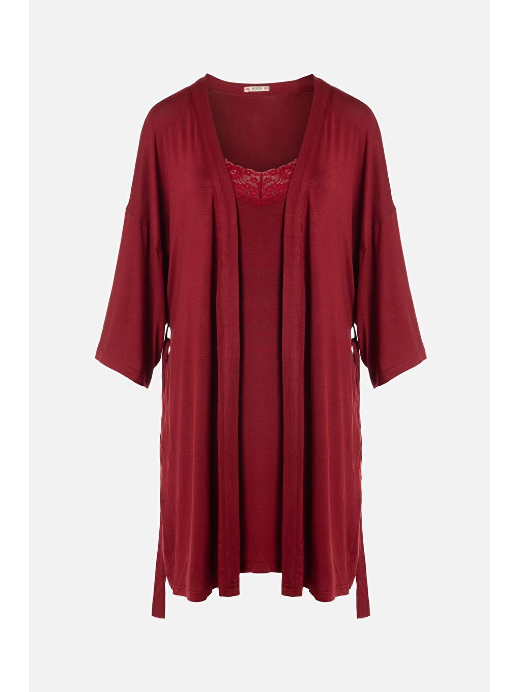 Bordo Kadın Viskon - Yumuşak Dokulu İkili Dantelli Gecelik Sabahlık Takım