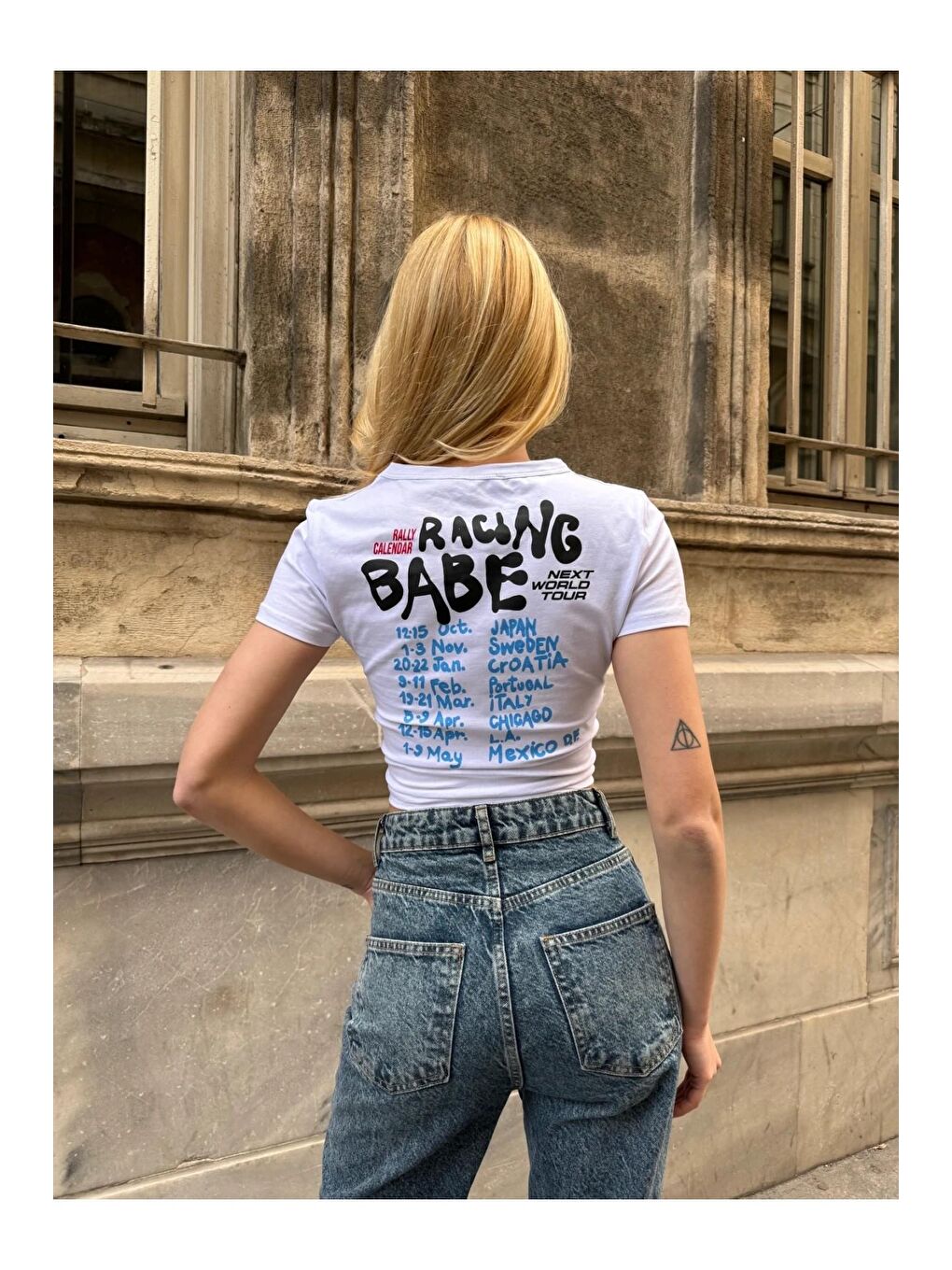 hazelin Beyaz Kadın Beyaz Organik Pamuk Racing Babe Baskılı Kısa Kollu Crop Bluz HZL24S-ZK10961 - 4