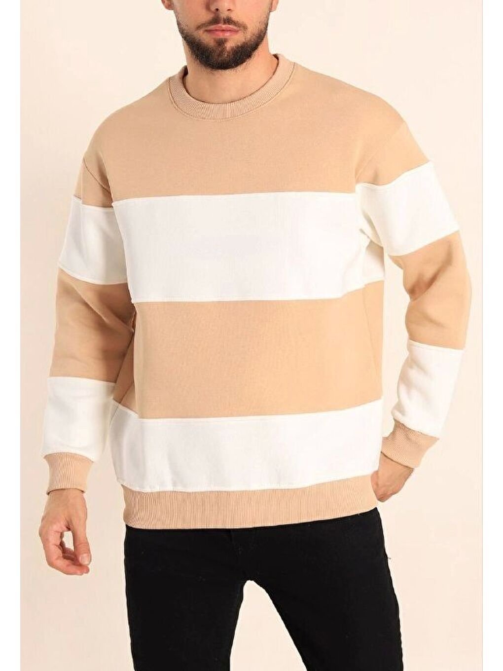 Parçalı Bisiklet Yaka Baskılı Sweatshirt - Bej