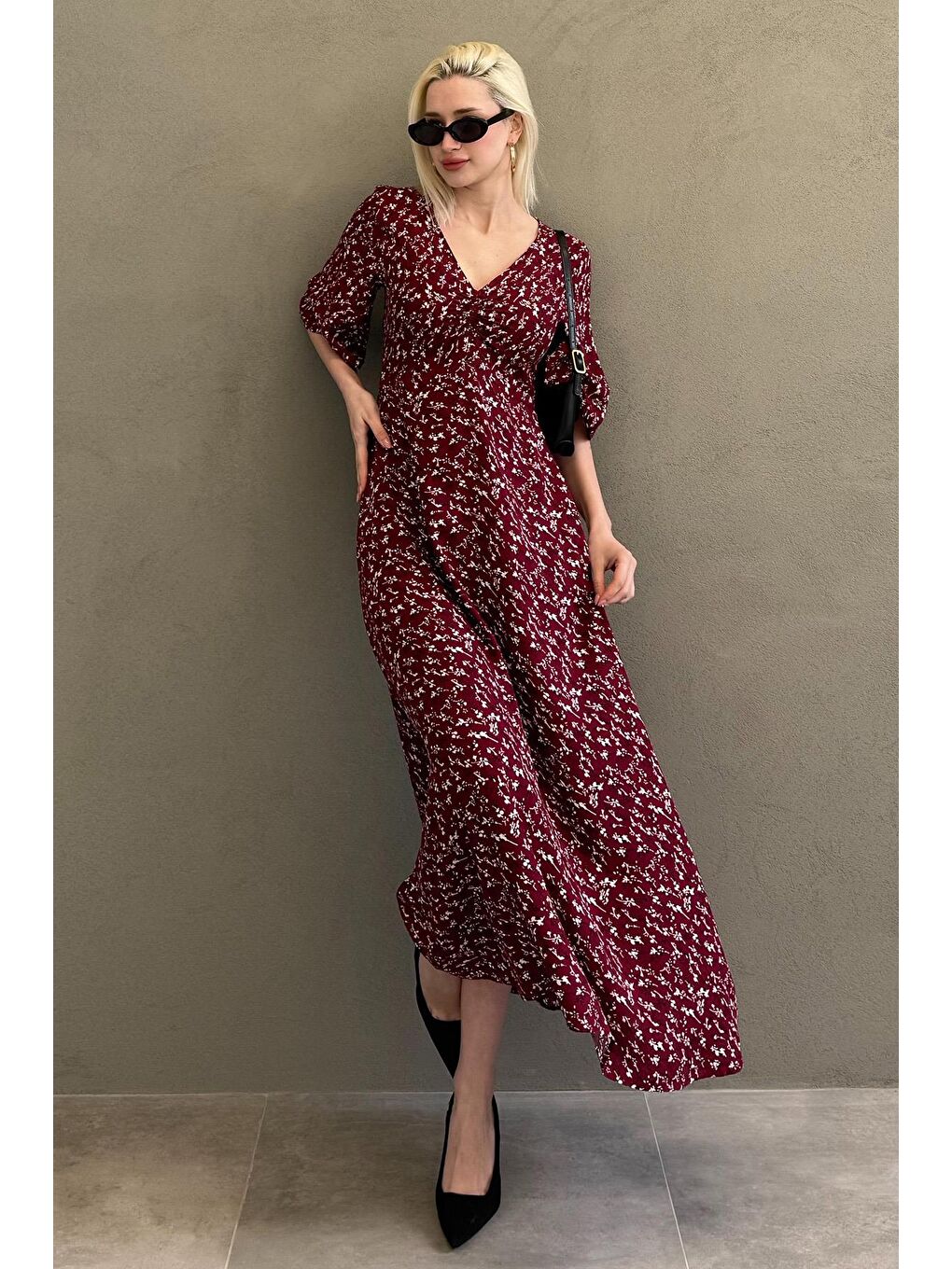 Bordo Çiçek Desenli Yarım Kollu Elbise Mg2390