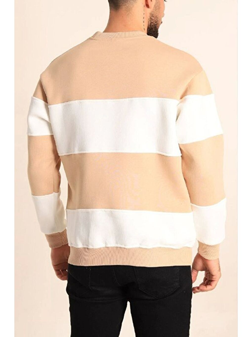 Parçalı Bisiklet Yaka Baskılı Sweatshirt - Bej-1