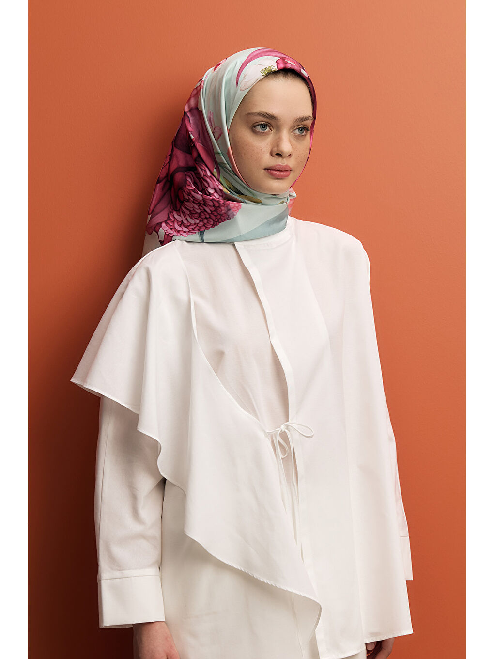 Turkuaz Twill İpek Eşarp Floral Mix-2