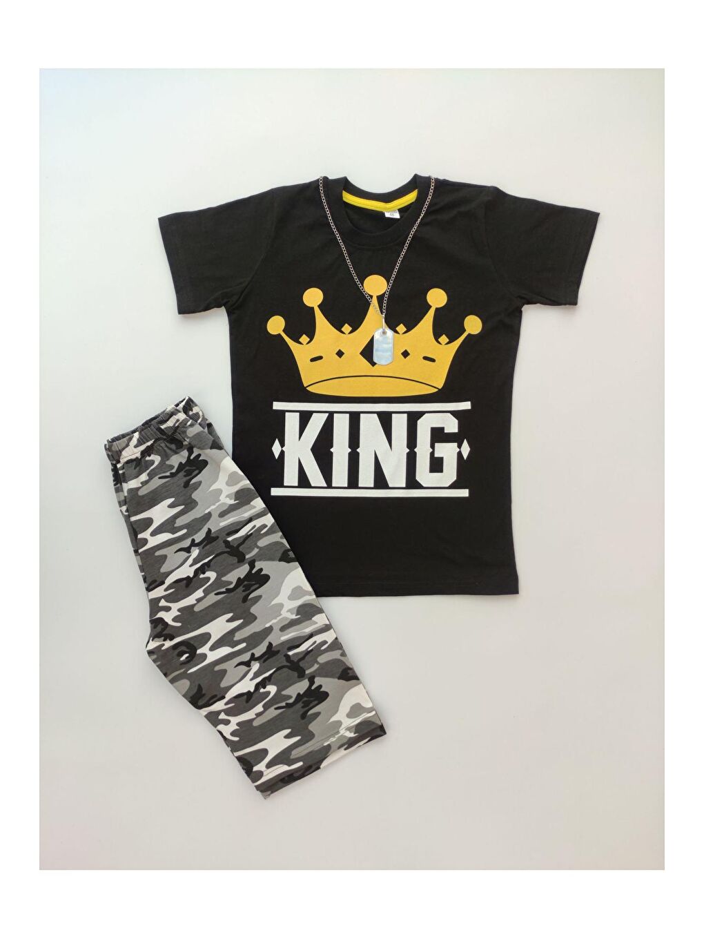 Gri Erkek Çocuk Asker Kamuflaj Kaprili Takım (Kolye Dahildir)-1