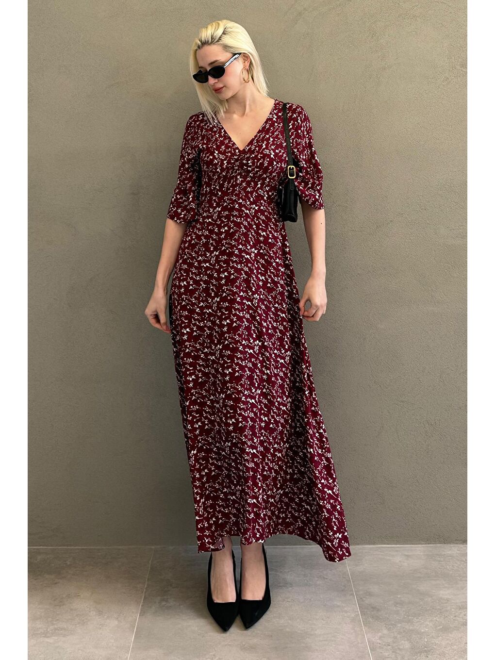 Bordo Çiçek Desenli Yarım Kollu Elbise Mg2390-1