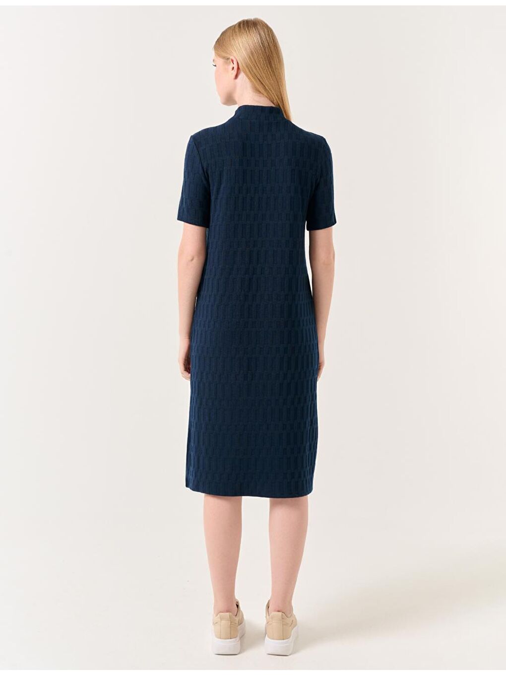 Lacivert Balıkçı Yaka Kısa Kollu Örme Midi Elbise-5