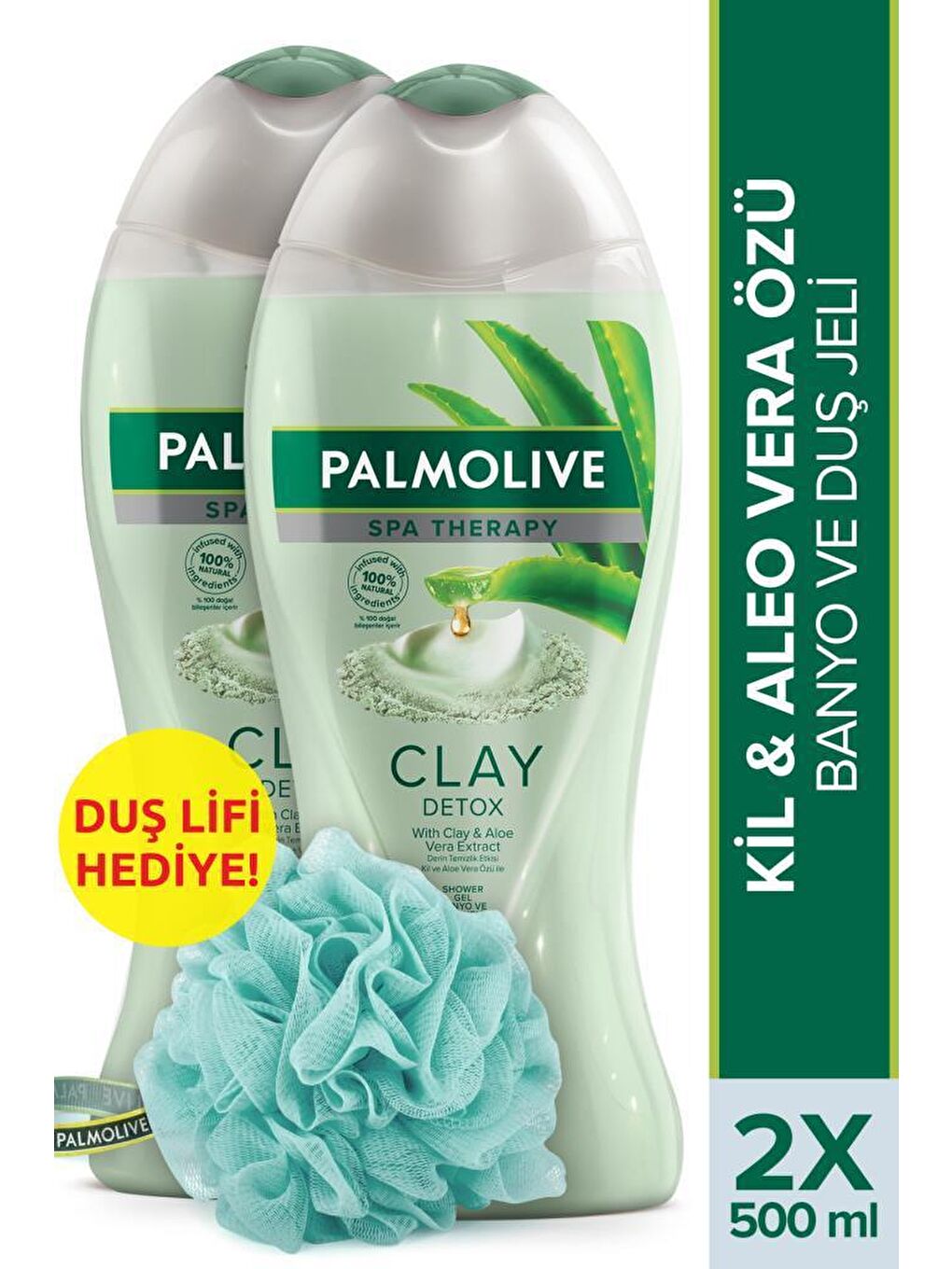 Palmolive Yeşil Spa Therapy Clay Detox Banyo ve Duş Jeli 500 ml x 2 Adet + Duş Lifi Hediye