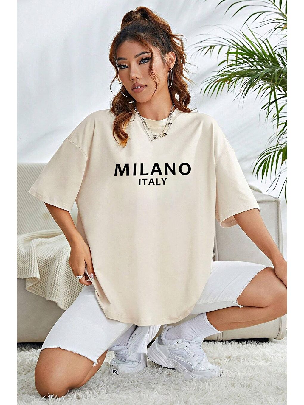 uyguntarz Bej Unisex Milano Baskılı Oversize T-shirt