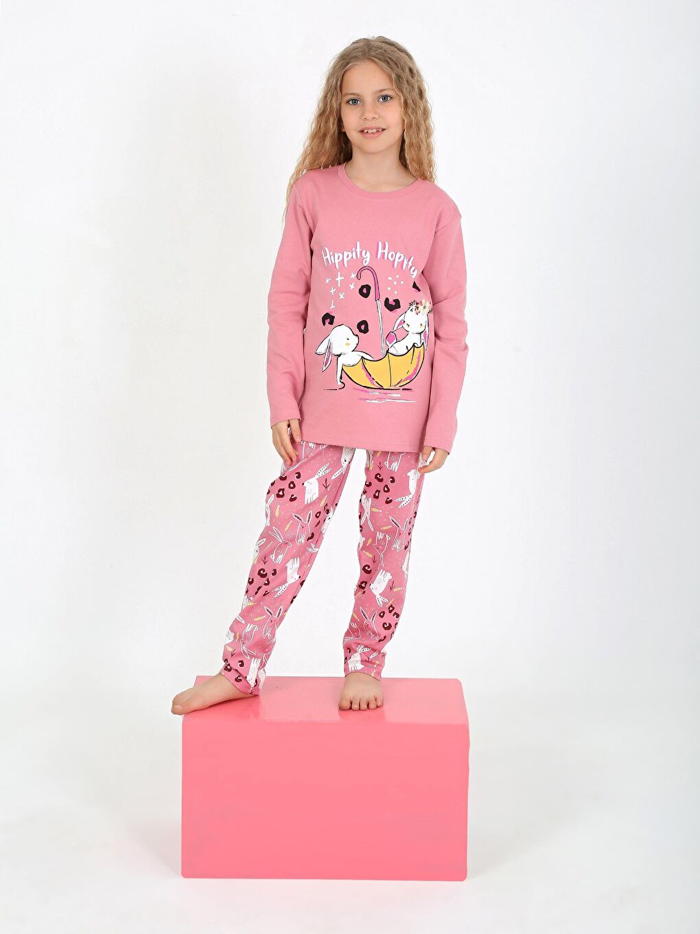 Pembe Kız Çocuk Uzun Kollu %100 Pamuklu Pijama Takımı Hippity Hoppity