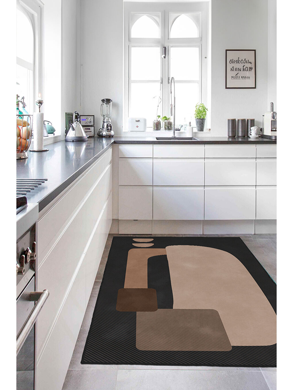 Siyah Dekoratif Salon Halısı, Makinada Yıkanabilir, Kaymaz Taban, İnce & Modern Tasarım-3