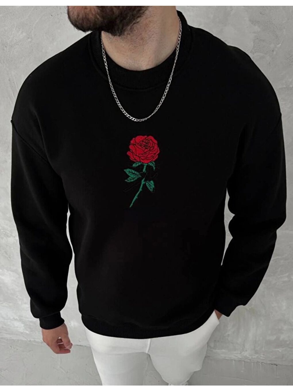 Unisex Bisiklet Yaka Ön Ve Arka Baskılı Sweatshirt - Siyah