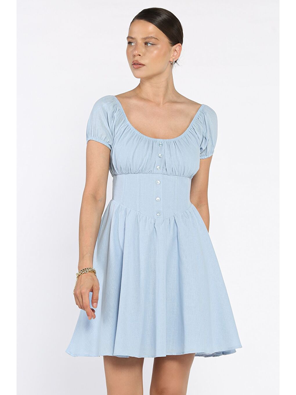 Mavi Beli Korseli Kadın Elbise-1