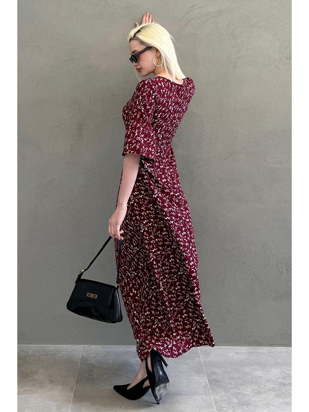 Bordo Çiçek Desenli Yarım Kollu Elbise Mg2390-2