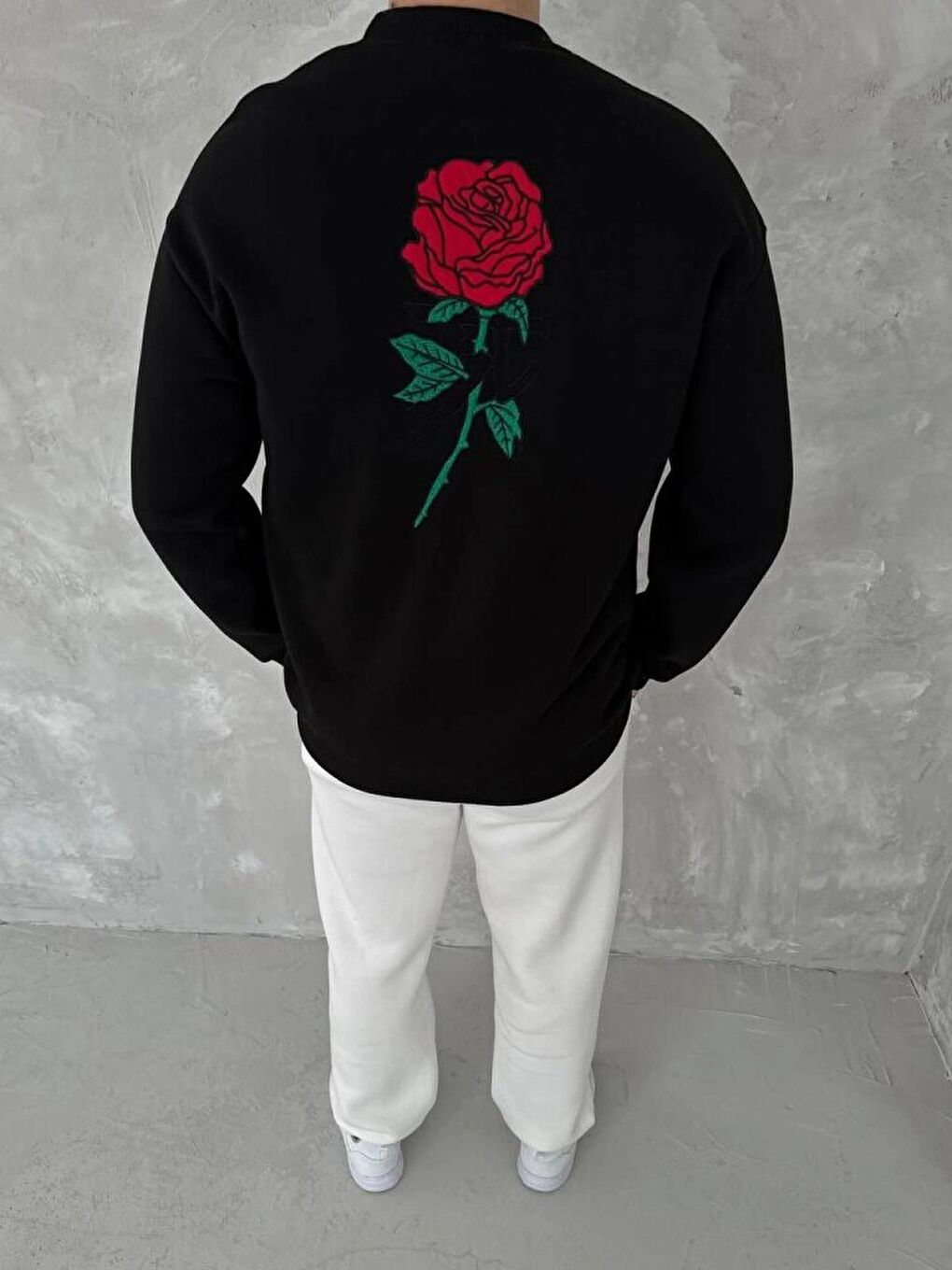 Unisex Bisiklet Yaka Ön Ve Arka Baskılı Sweatshirt - Siyah-1