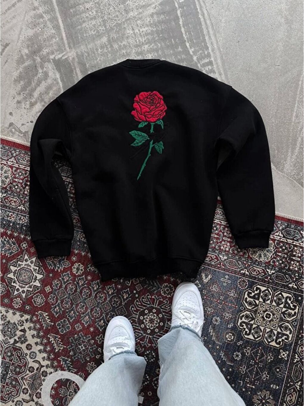 Unisex Bisiklet Yaka Ön Ve Arka Baskılı Sweatshirt - Siyah-2