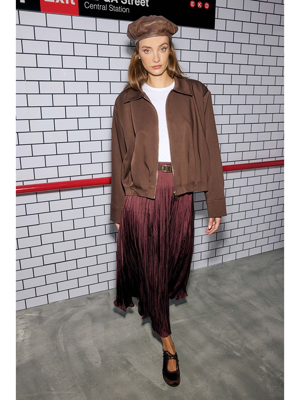 Kahverengi Pile Detaylı Poliviskon Ceket Kahve