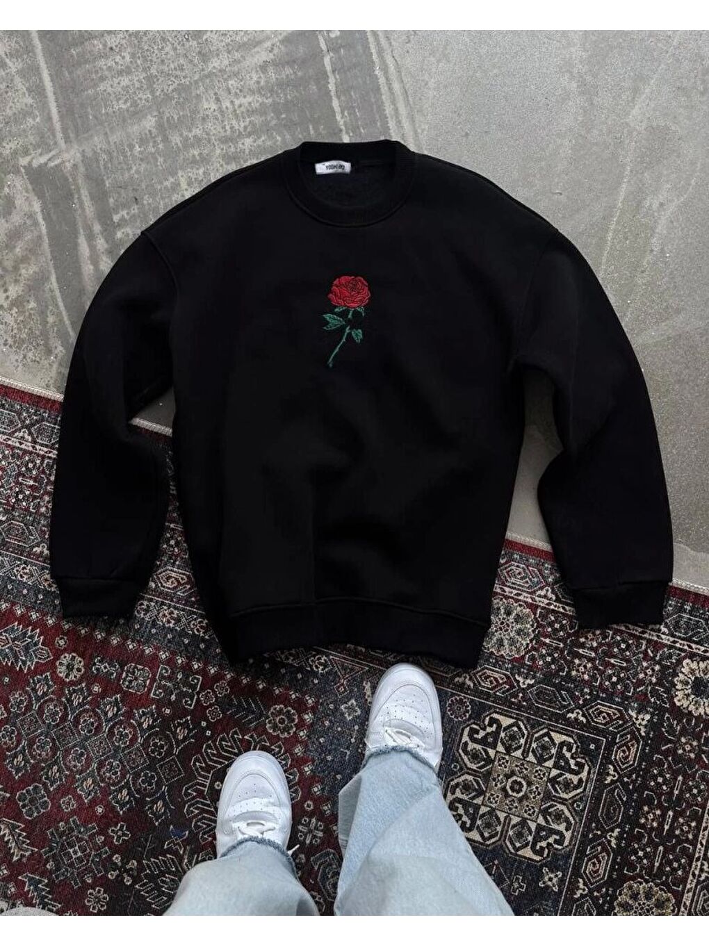 Unisex Bisiklet Yaka Ön Ve Arka Baskılı Sweatshirt - Siyah-3