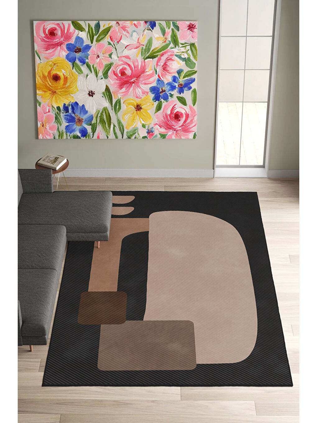 Siyah Dekoratif Salon Halısı, Makinada Yıkanabilir, Kaymaz Taban, İnce & Modern Tasarım-4