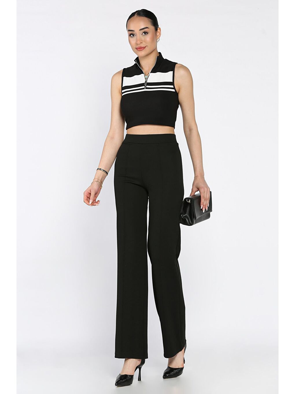 Siyah Çimalı Kadın Bol Paça Pantolon-1