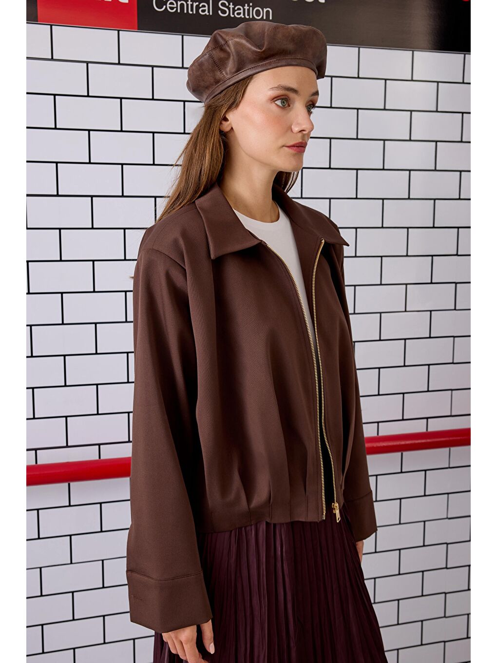 Kahverengi Pile Detaylı Poliviskon Ceket Kahve-2