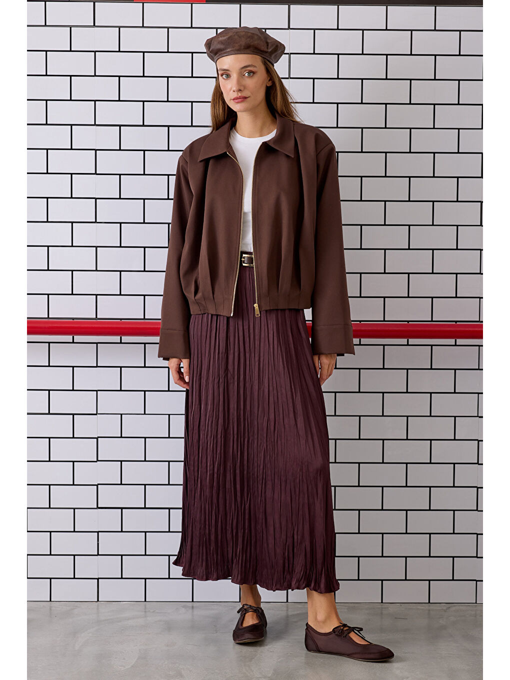 Kahverengi Pile Detaylı Poliviskon Ceket Kahve-3