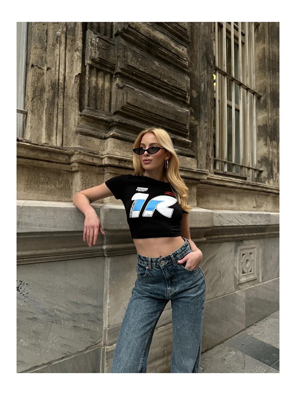 hazelin Siyah Kadın Siyah Organik Pamuk Racing Babe Baskılı Kısa Kollu Crop Bluz HZL24S-ZK10961 - 3