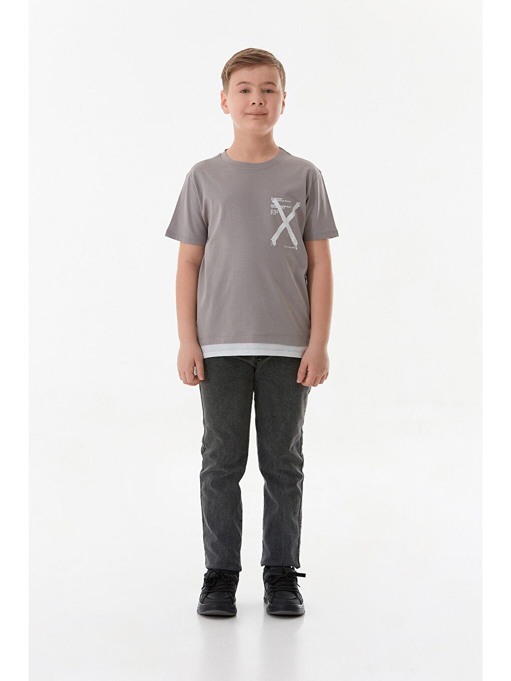 Gri %100 Pamuk X Baskılı Erkek Çocuk Tişört-1