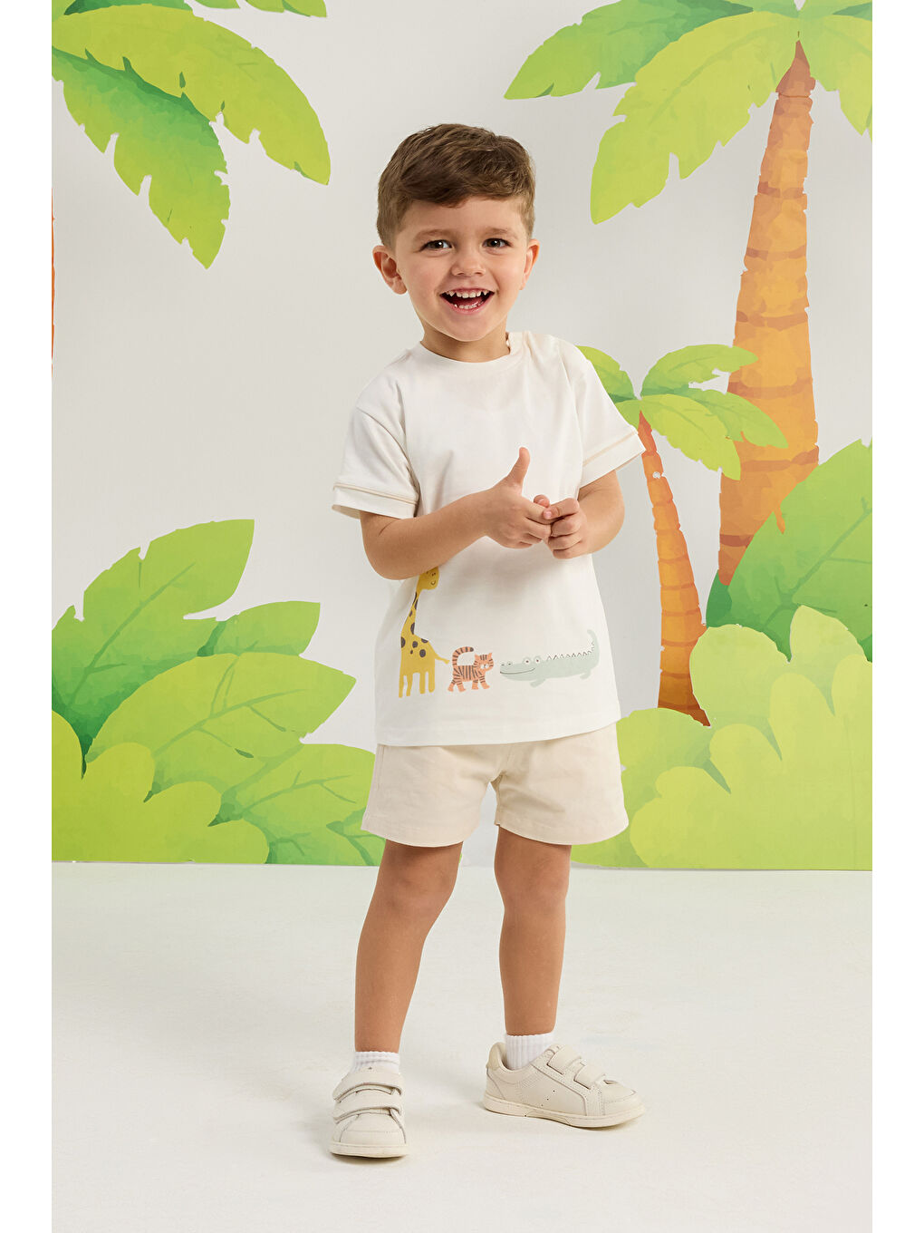 Erkek Bebek Hayvanlar Desenli Alt Üst Set 3 Ay-36 Ay Bej