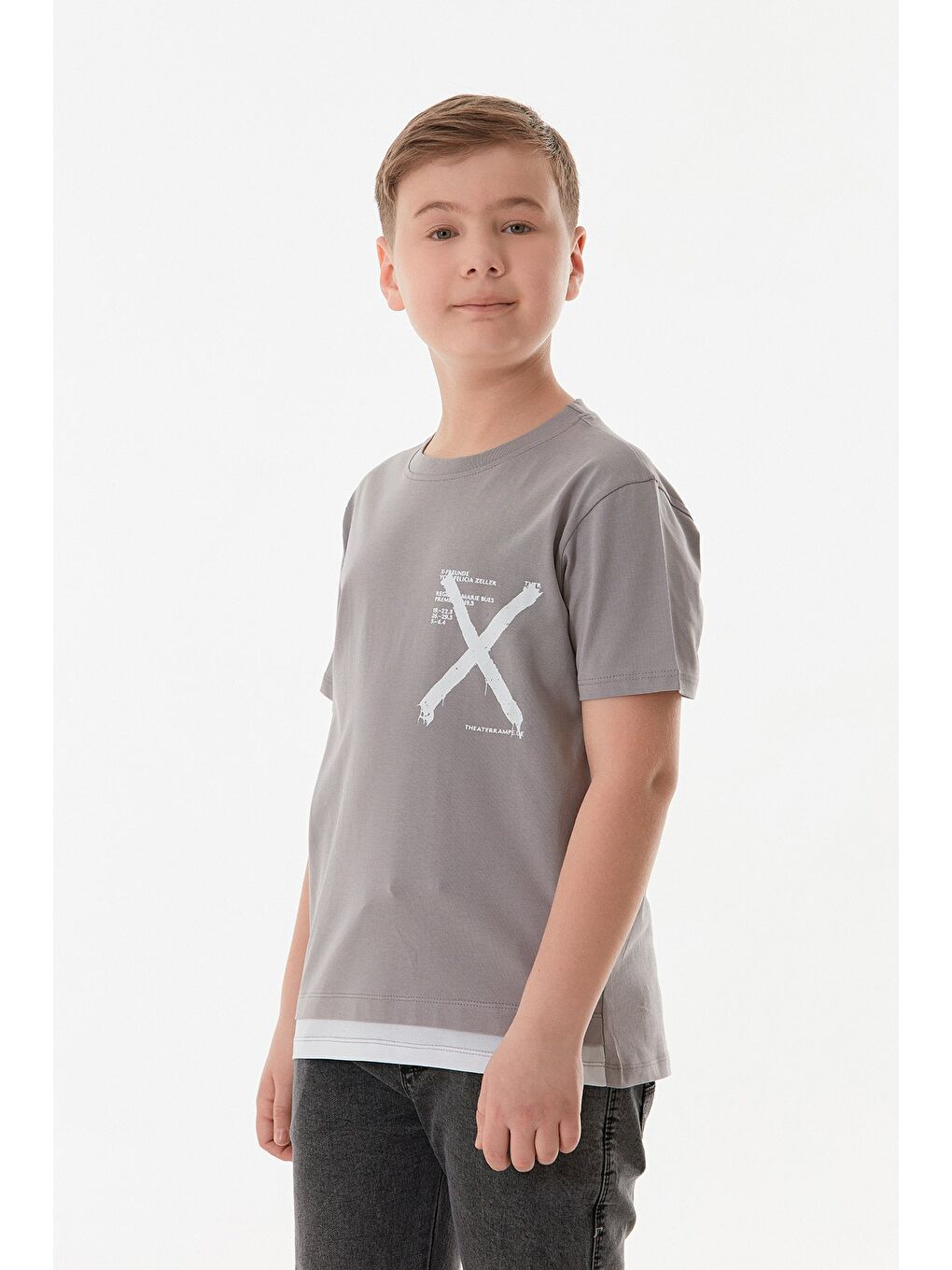 Gri %100 Pamuk X Baskılı Erkek Çocuk Tişört-2