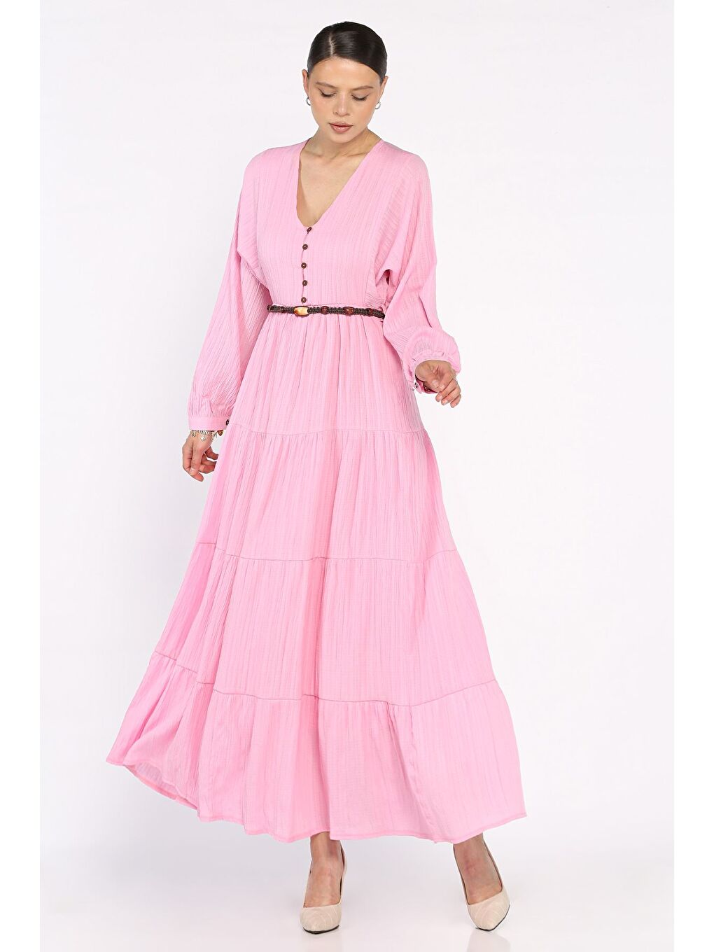 Pembe V Yaka Bel Lastikli Kemerli Kadın Elbise