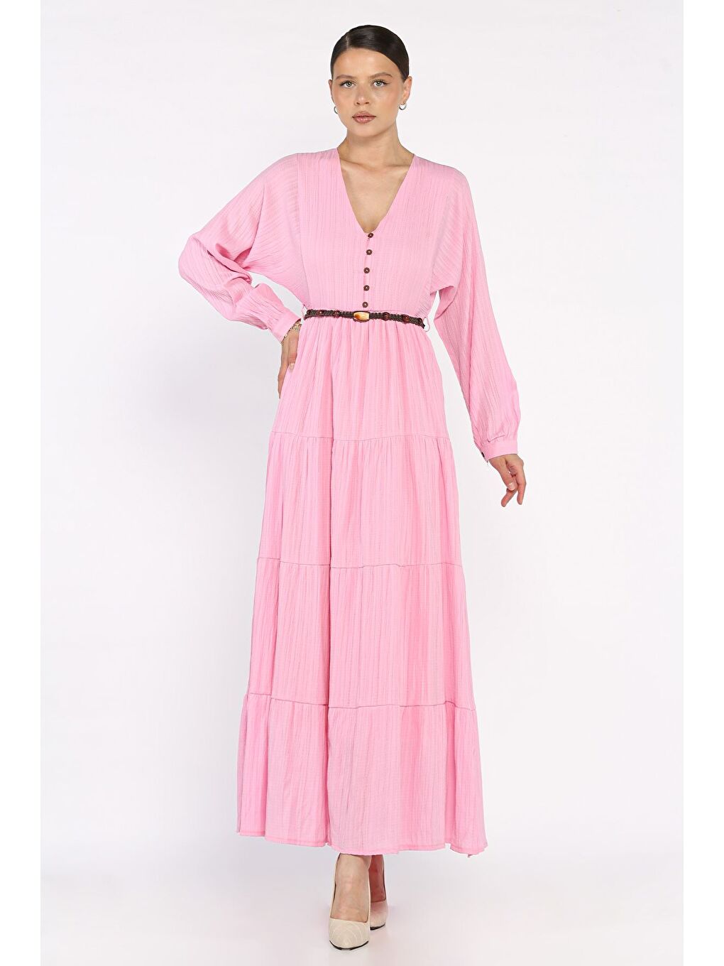 Pembe V Yaka Bel Lastikli Kemerli Kadın Elbise-1