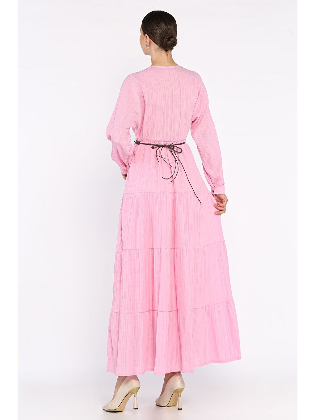 Pembe V Yaka Bel Lastikli Kemerli Kadın Elbise-2