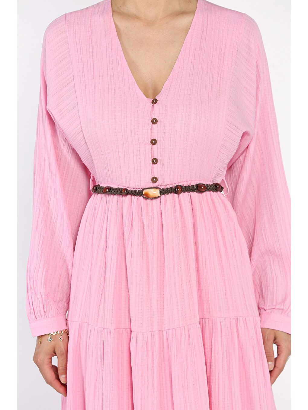 Pembe V Yaka Bel Lastikli Kemerli Kadın Elbise-3