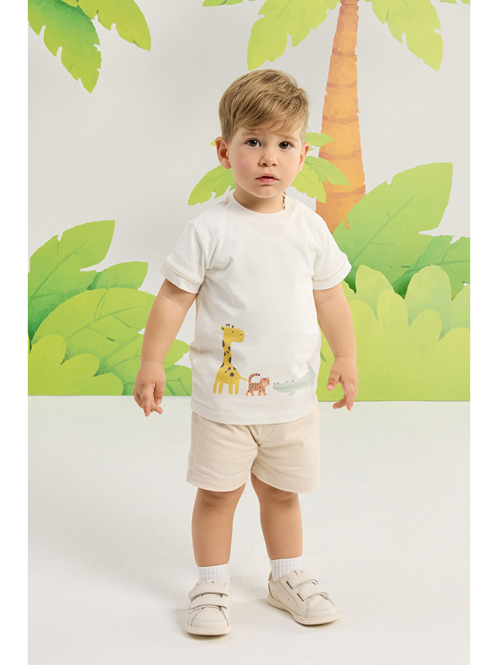 Erkek Bebek Hayvanlar Desenli Alt Üst Set 3 Ay-36 Ay Bej-1