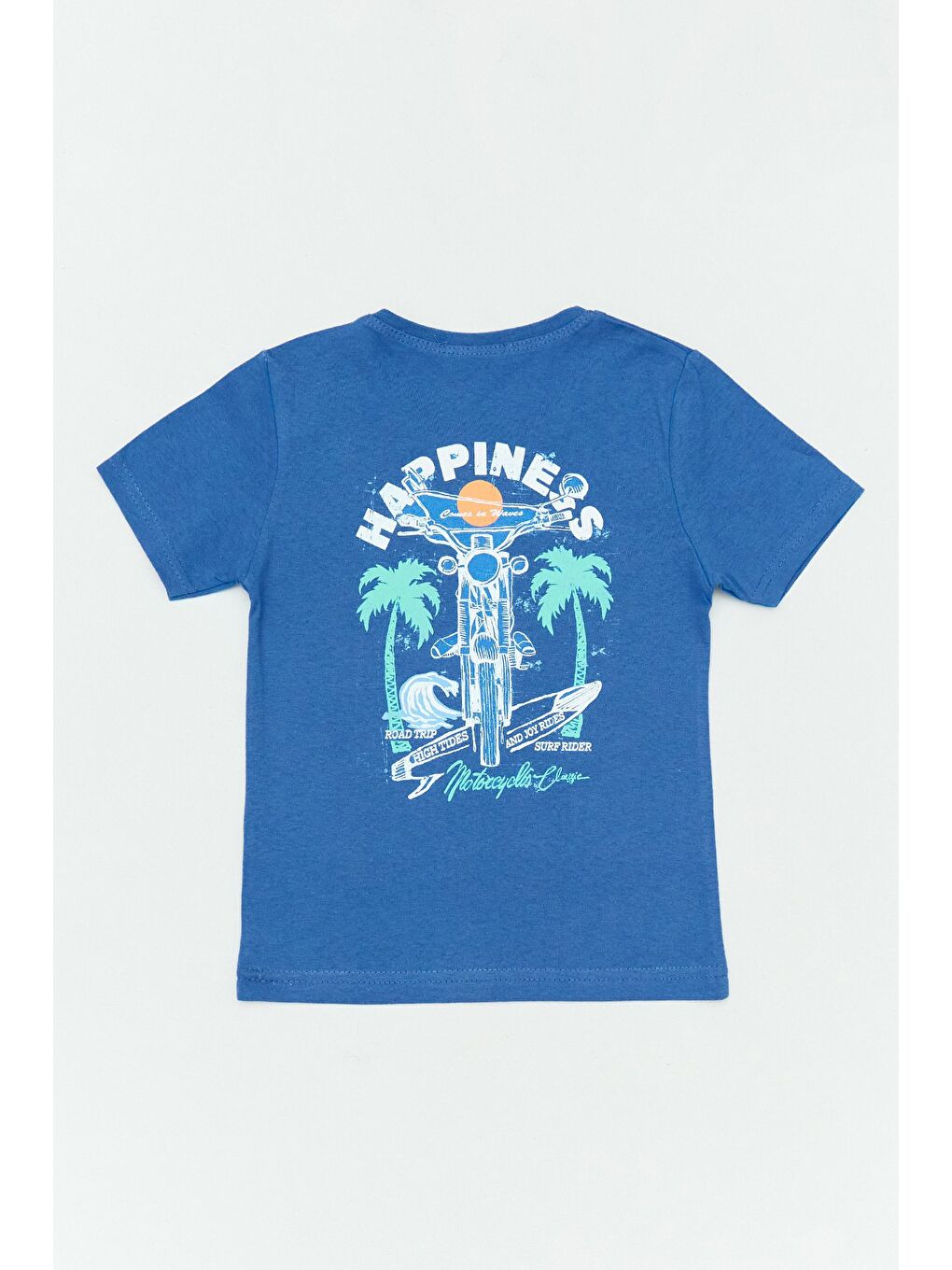 Mavi %100 Pamuk Arkası Happiness Baskılı Erkek Çocuk Tişört-1