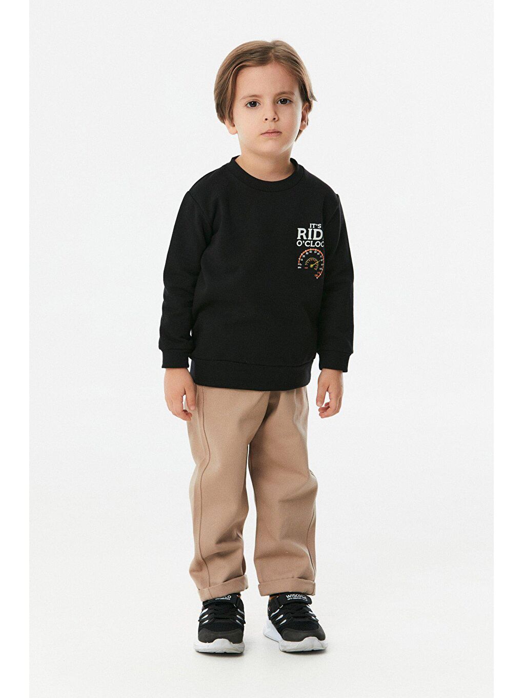 Siyah Baskılı Bisiklet Yaka Erkek Çocuk Sweatshirt