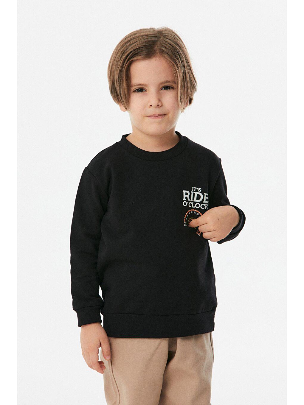 Siyah Baskılı Bisiklet Yaka Erkek Çocuk Sweatshirt-1