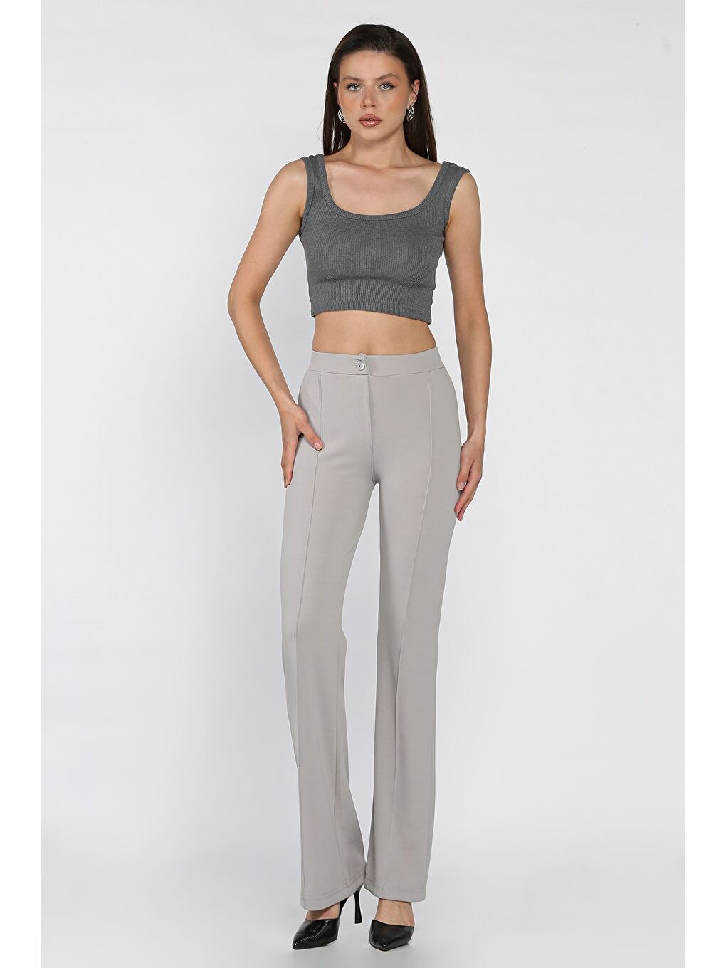 Gri Kadın Çimalı Bol Paça Pantolon