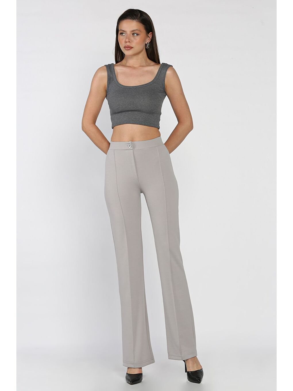 Gri Kadın Çimalı Bol Paça Pantolon-1