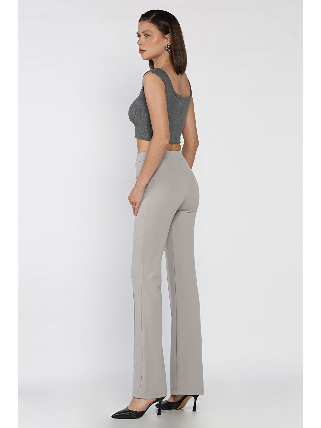 Gri Kadın Çimalı Bol Paça Pantolon-2