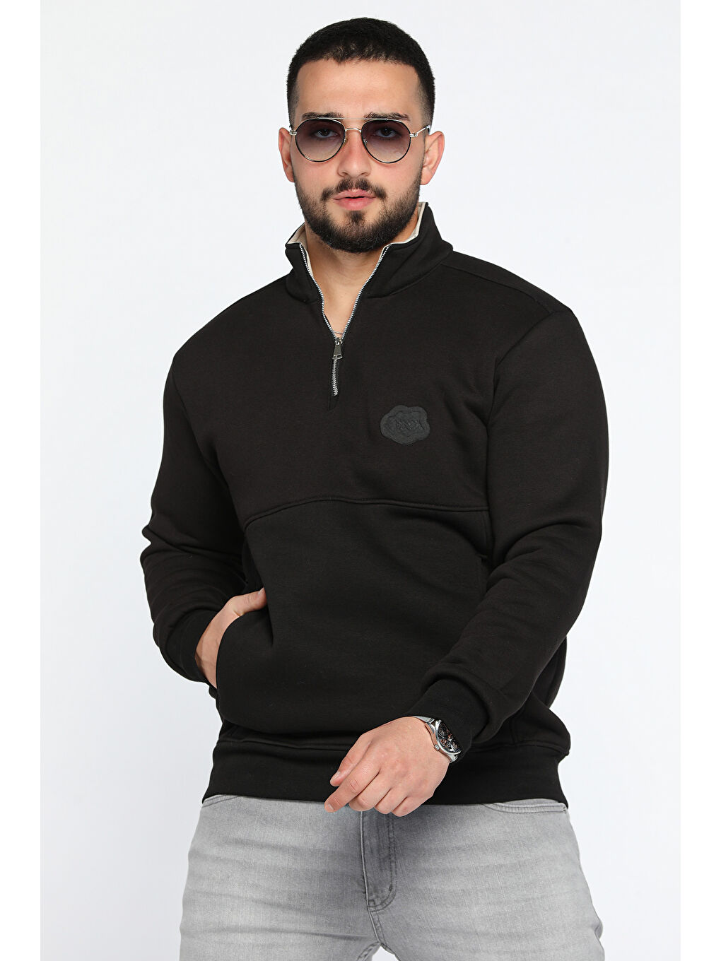 Mishar İtalia Siyah Yarım Fermuarlı Cepli Double Face Erkek Sweatshirt