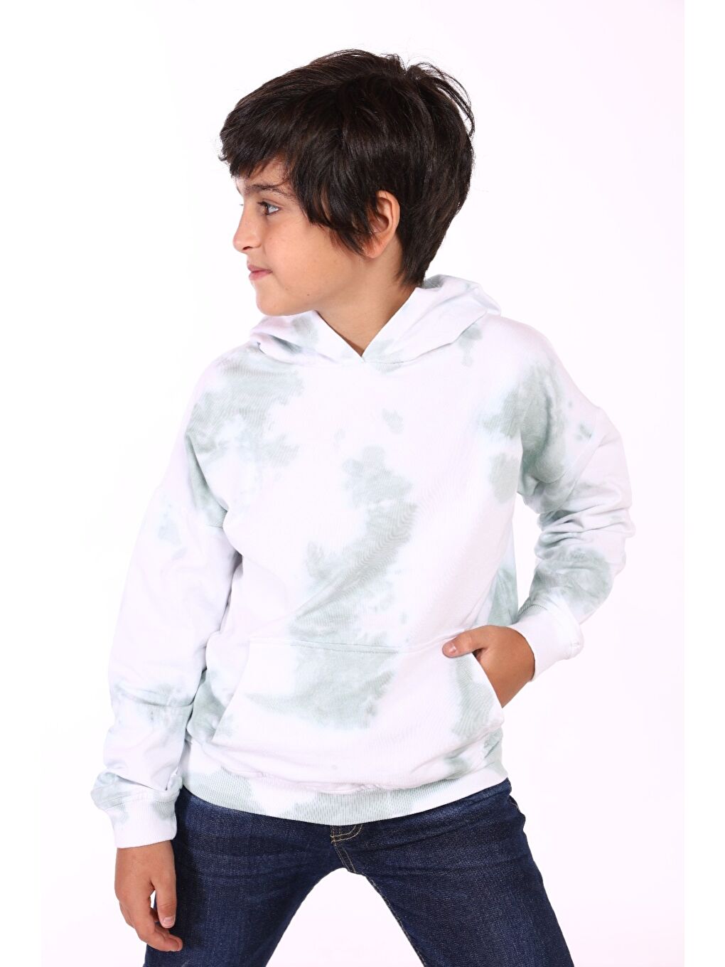 Yeşil Erkek Çocuk Kapüşonlu Bastik Desenli Sweatshirt