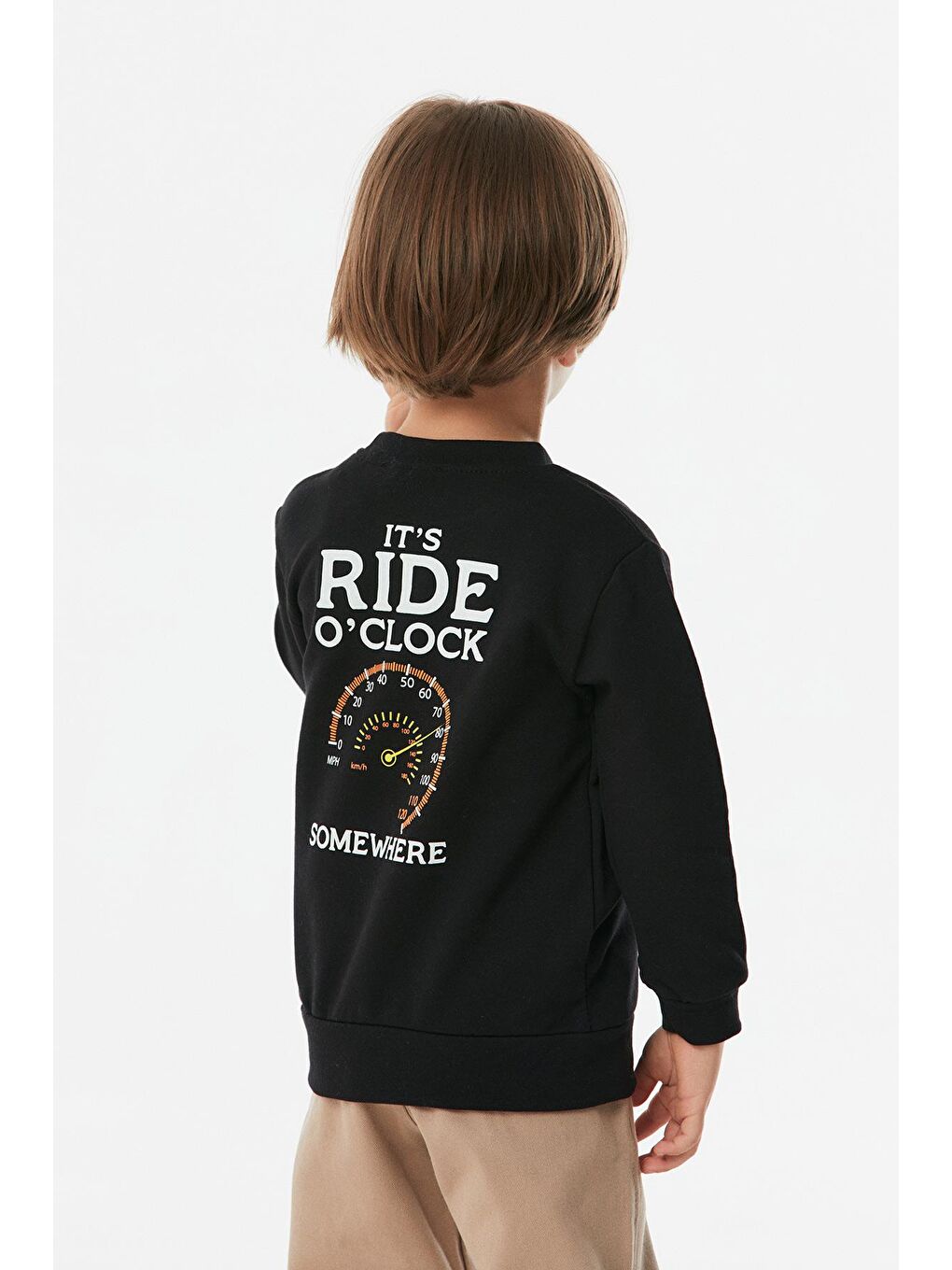 Siyah Baskılı Bisiklet Yaka Erkek Çocuk Sweatshirt-3