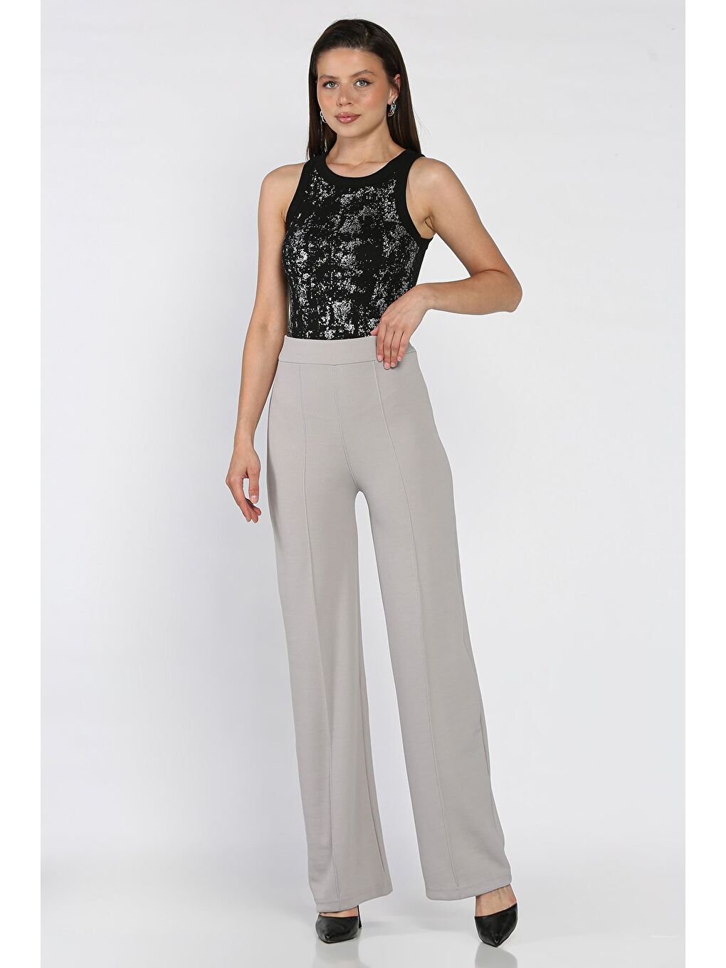 Gri Çimalı Kadın Bol Paça Pantolon-1