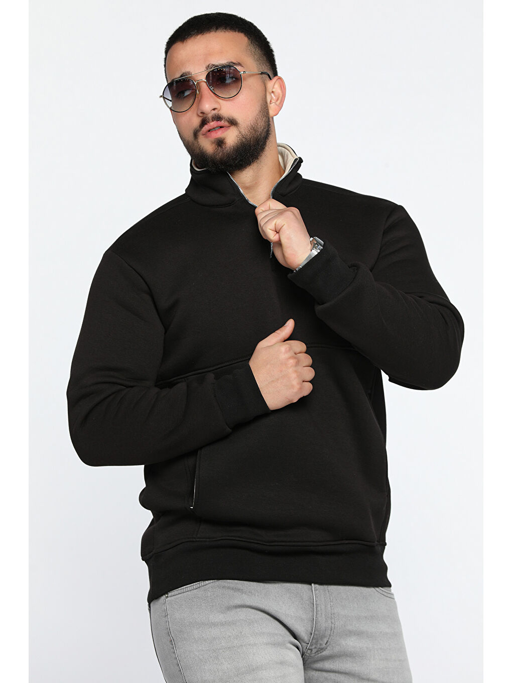 Mishar İtalia Siyah Yarım Fermuarlı Cepli Double Face Erkek Sweatshirt - 1